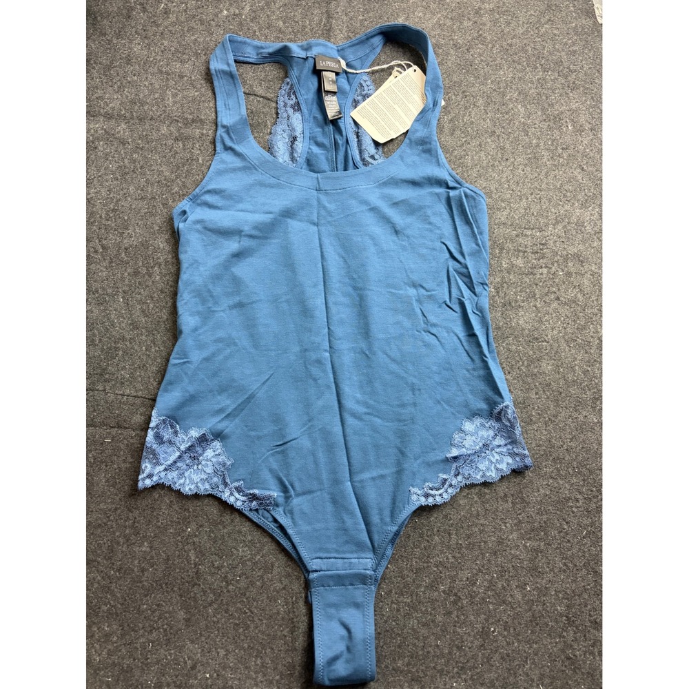La Perla Souple Cotton Lace Racerback Bodysuit Blue Womens IT 3 M NWT
